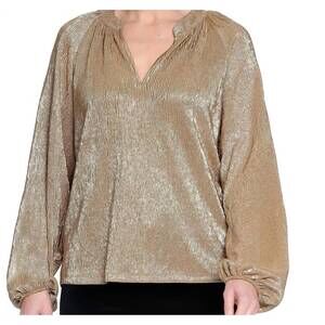 NEW TRU LUXE metallic split neck blouse in gold